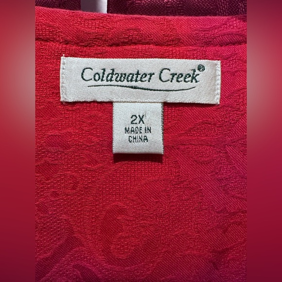 COLDWATER Creek Red Damask Zip Jeans Jacket With Ruffle Trim sz 2X - Picture 4 of 8